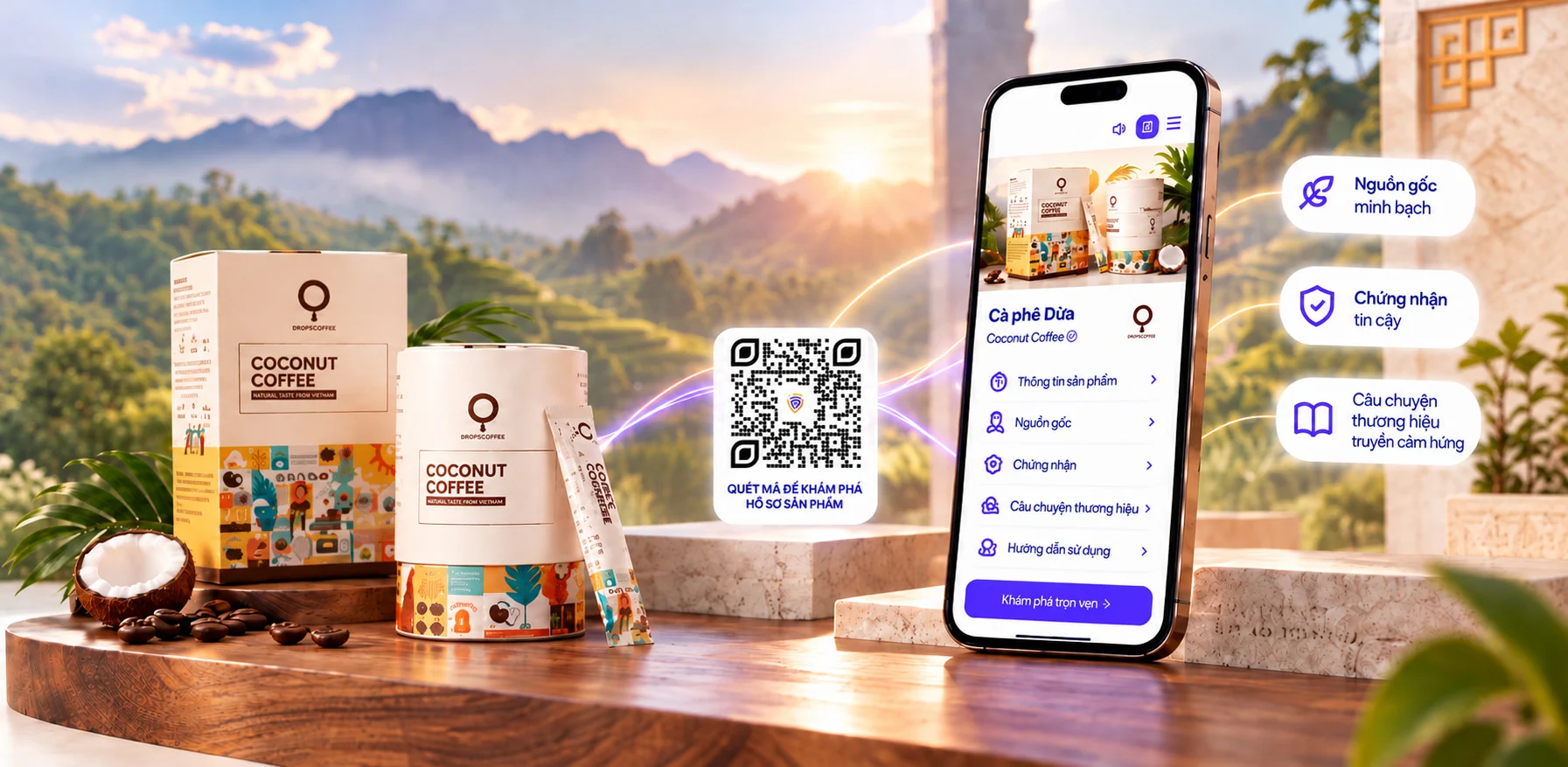 Hồ sơ số sản phẩm Checkgo hiển thị trên điện thoại cạnh mã QR và sản phẩm cà phê dừa, giữa vùng nguyên liệu Việt Nam lúc bình minh