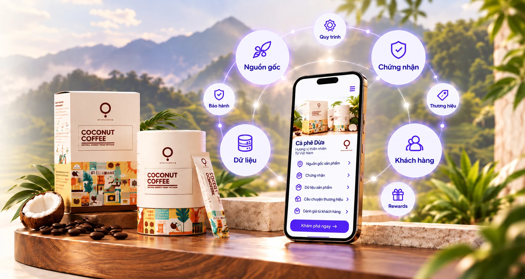 Sơ đồ danh tính số sản phẩm Checkgo: nguồn gốc, quy trình, chứng nhận, bảo hành, thương hiệu, dữ liệu, khách hàng