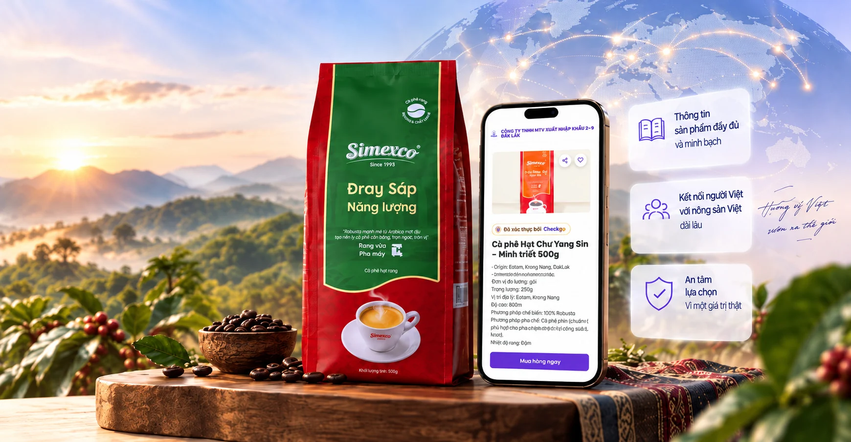 Cà phê Simexco Đray Sáp Năng lượng cùng Hồ sơ số đã xác thực bởi Checkgo trên điện thoại, giữa vùng cao nguyên