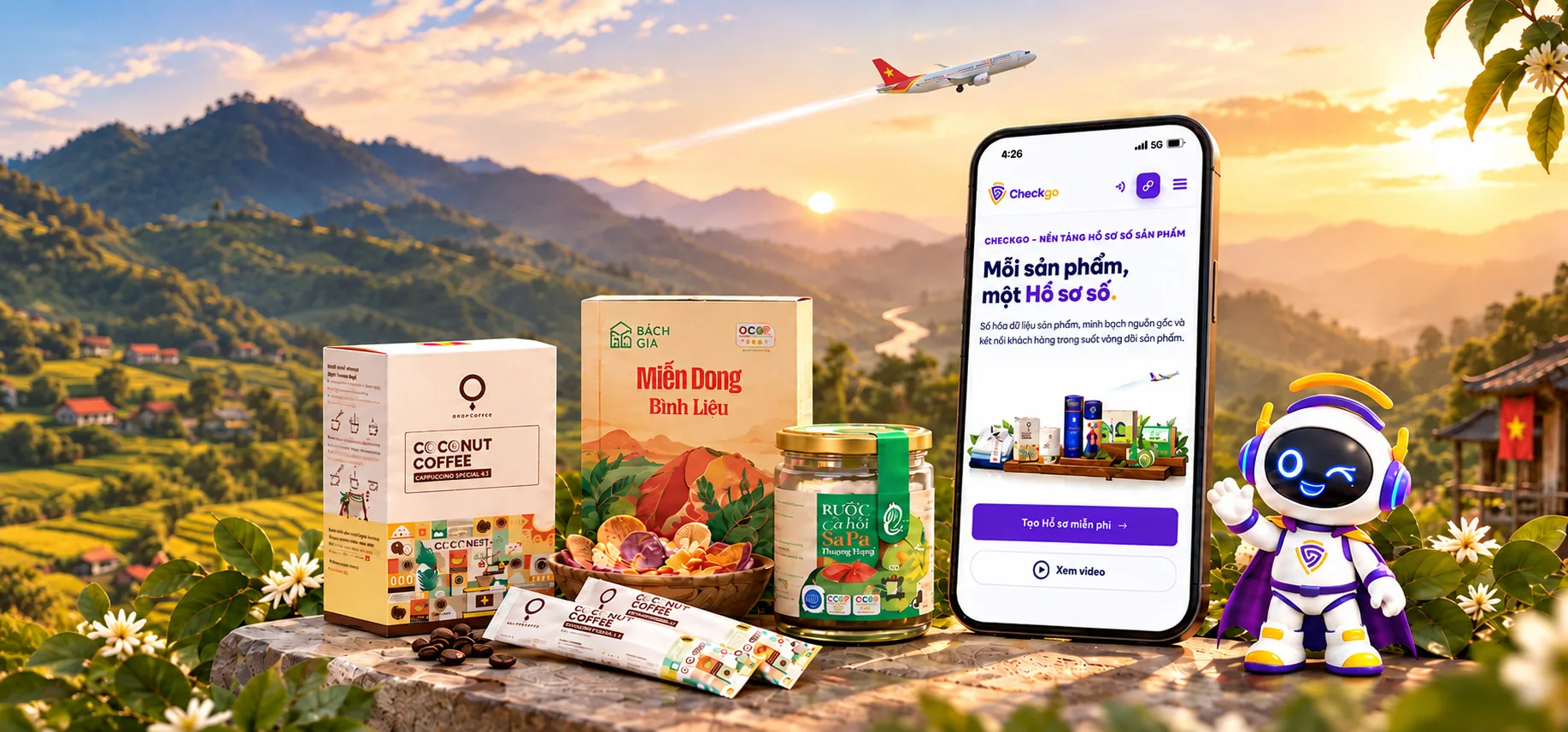 Linh vật Checkgo cùng Hồ sơ số sản phẩm trên điện thoại, nền trời chiều Việt Nam