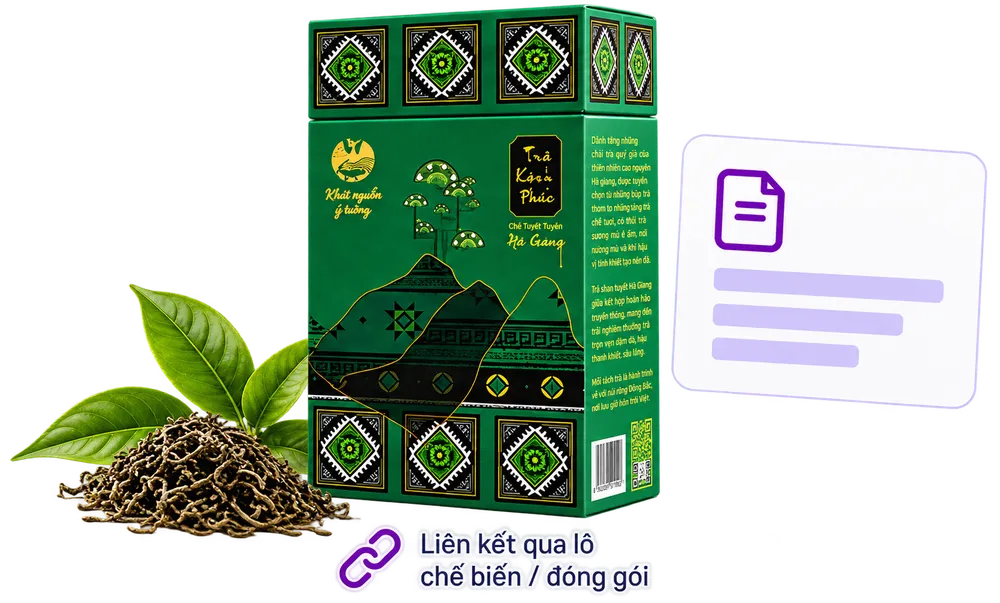 Hộp trà shan tuyết Hà Giang và thẻ Hồ sơ số sản phẩm