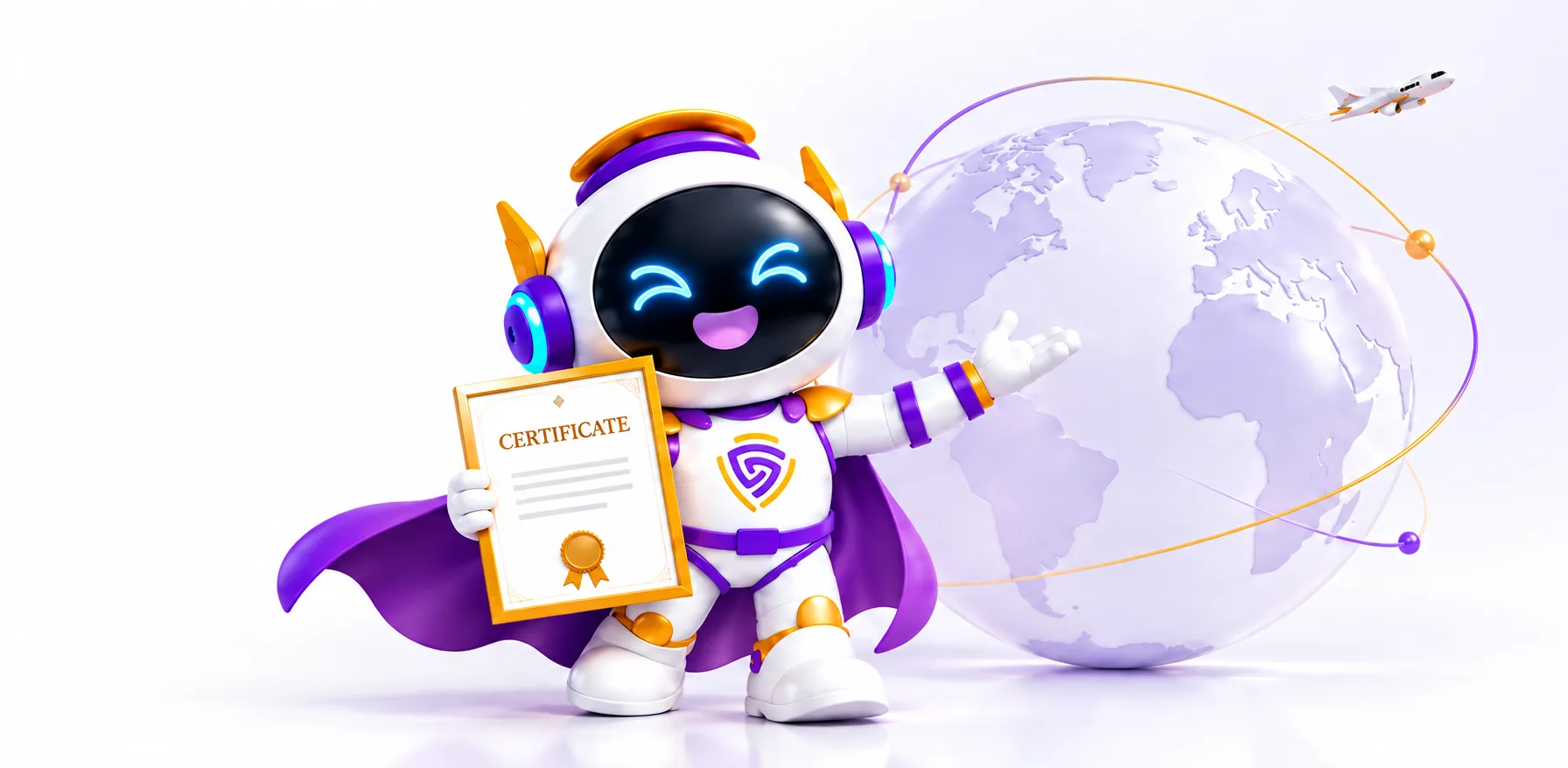 Checkgo mascot cầm chứng chỉ bên quả địa cầu