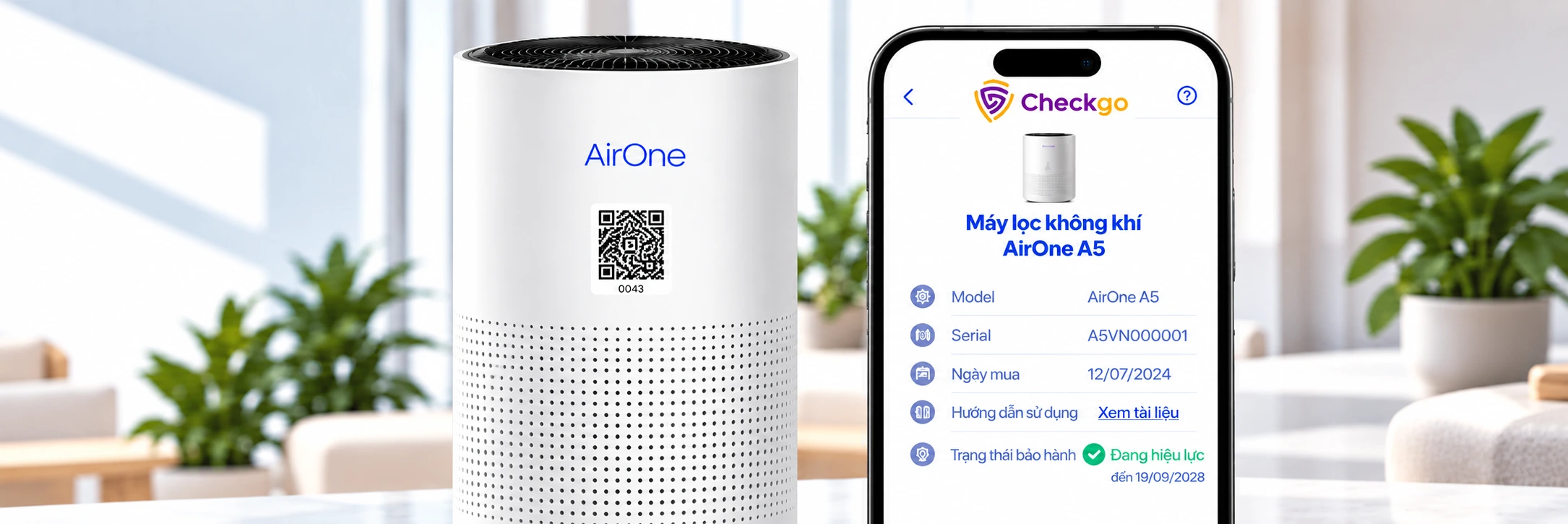 Máy lọc không khí AirOne gắn CheckgoID — thông tin model, serial, ngày mua và trạng thái bảo hành trên app Checkgo