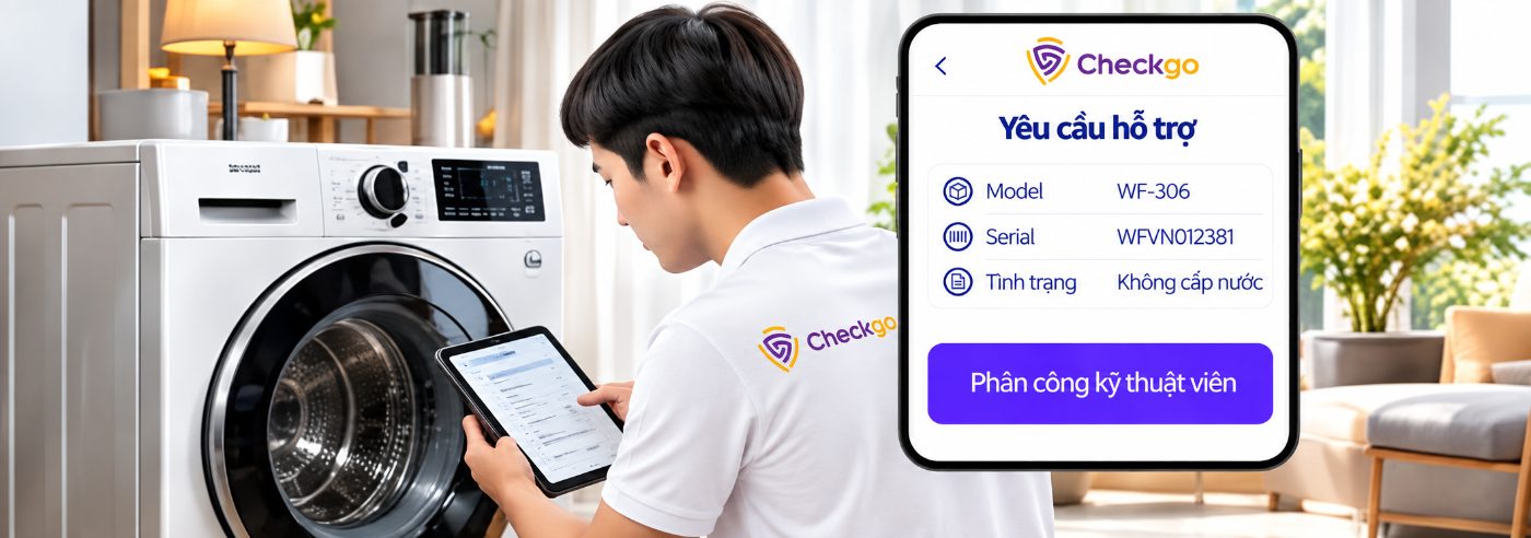 Kỹ thuật viên Checkgo xử lý yêu cầu hỗ trợ máy giặt bằng máy tính bảng