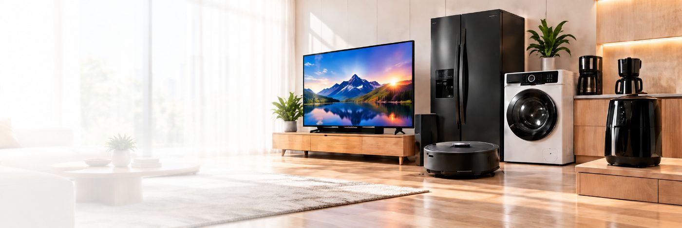 Phòng khách với TV, tủ lạnh, máy giặt và robot hút bụi được kết nối Checkgo