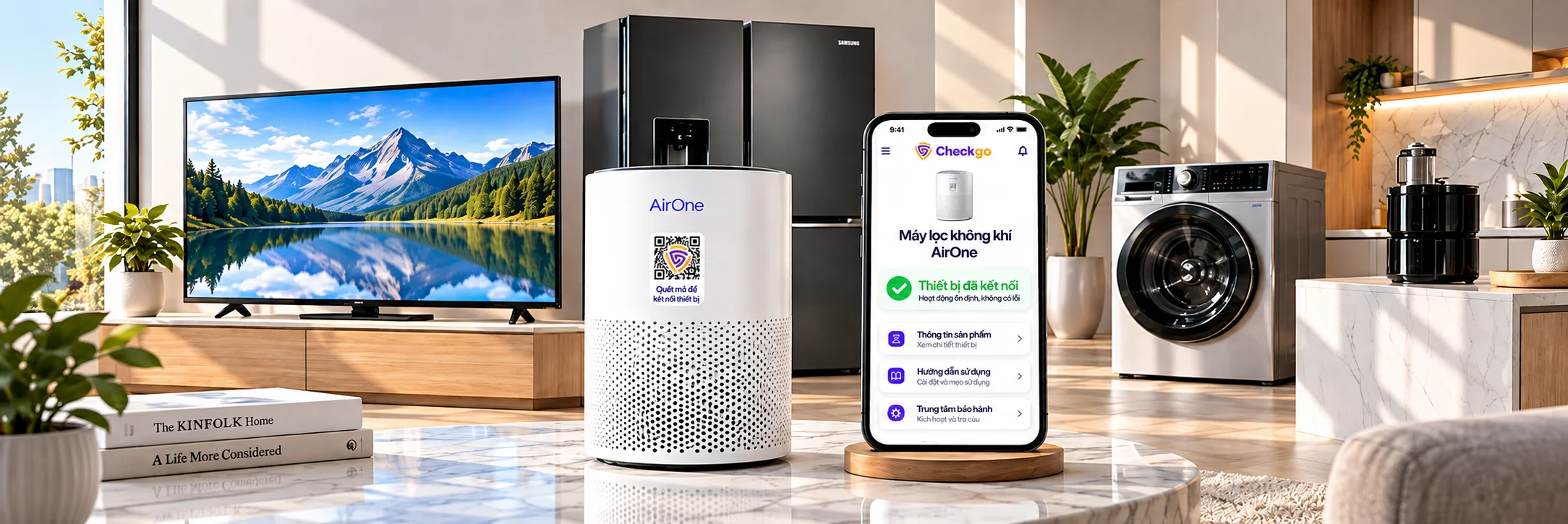 Bộ sản phẩm điện tử, gia dụng được gắn CheckgoID — kích hoạt bảo hành ngay trên điện thoại