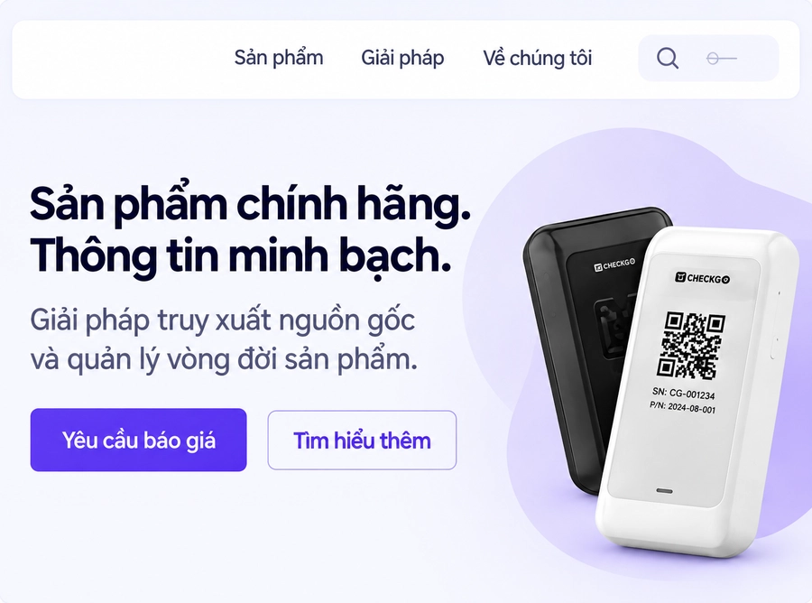 Trang chủ sản phẩm chính hãng Checkgo với thiết bị gắn tem QR truy xuất nguồn gốc