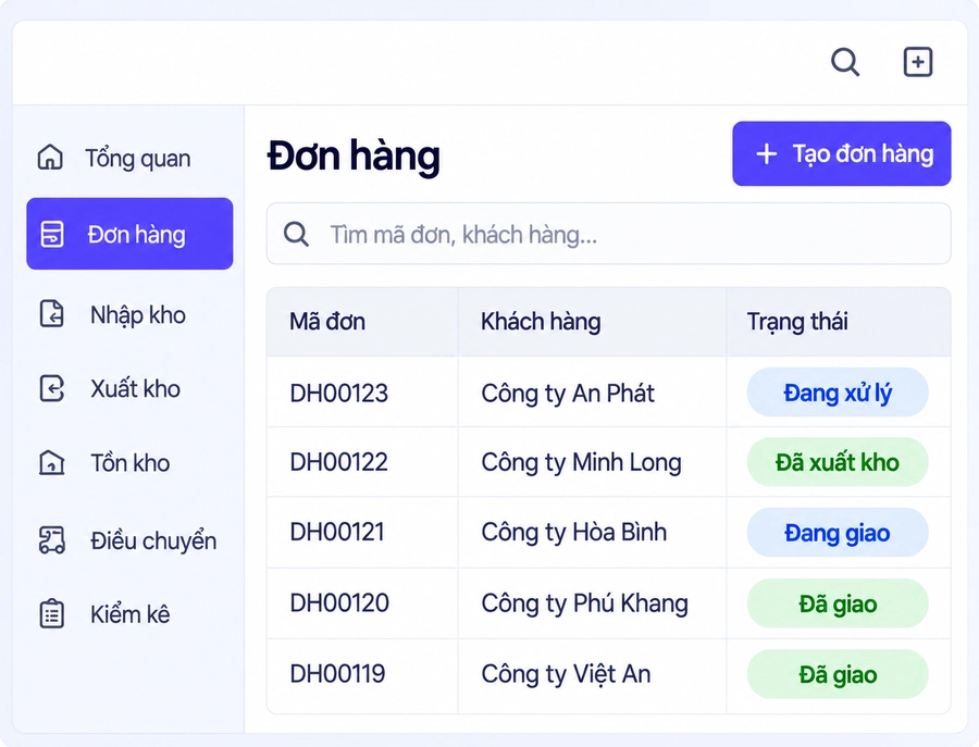 Bảng Đơn hàng với mã đơn, khách hàng và trạng thái xử lý/giao hàng