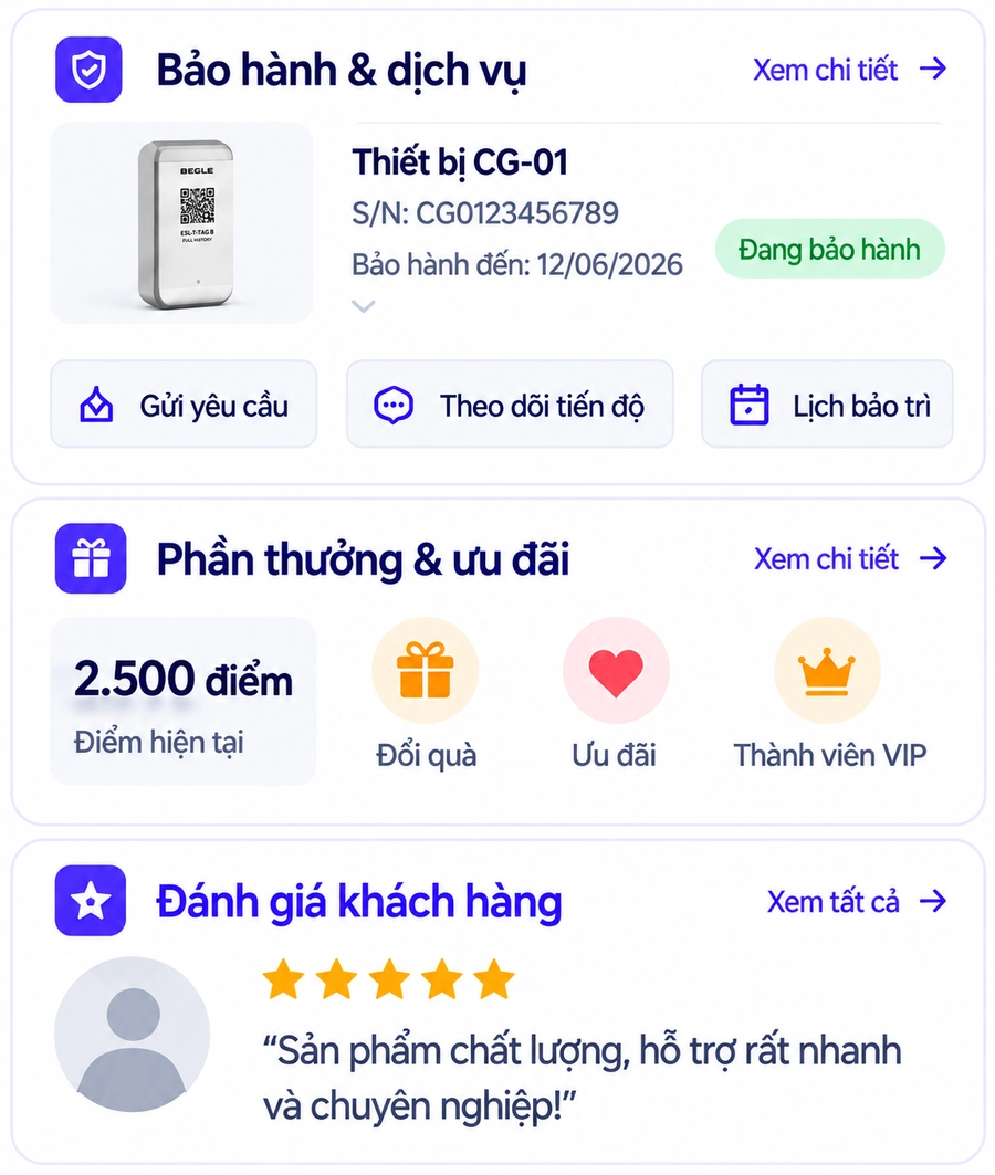 Bảo hành & dịch vụ, Phần thưởng & ưu đãi và Đánh giá khách hàng trên cùng một thiết bị