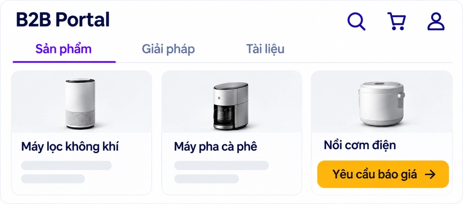 Cổng B2B Portal hiển thị danh mục sản phẩm và nút yêu cầu báo giá