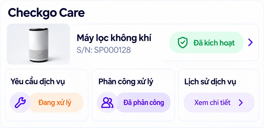 Màn hình Checkgo Care hiển thị trạng thái kích hoạt bảo hành và yêu cầu dịch vụ
