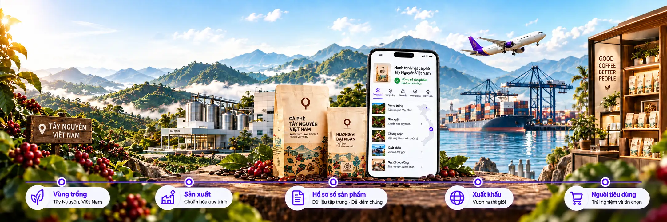 Hành trình dứa xuất khẩu Tuthaco — vùng nguyên liệu, sản xuất, Hồ sơ số QR, cảng xuất khẩu, đến người tiêu dùng