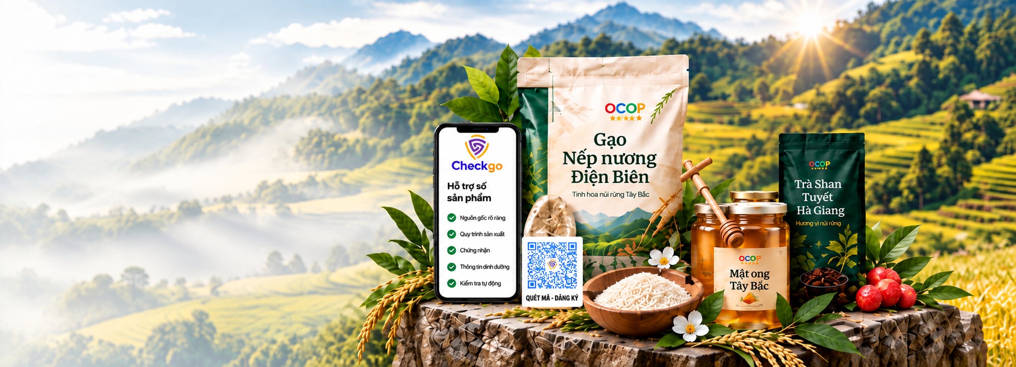 Bộ sản phẩm OCOP trên nền ruộng bậc thang