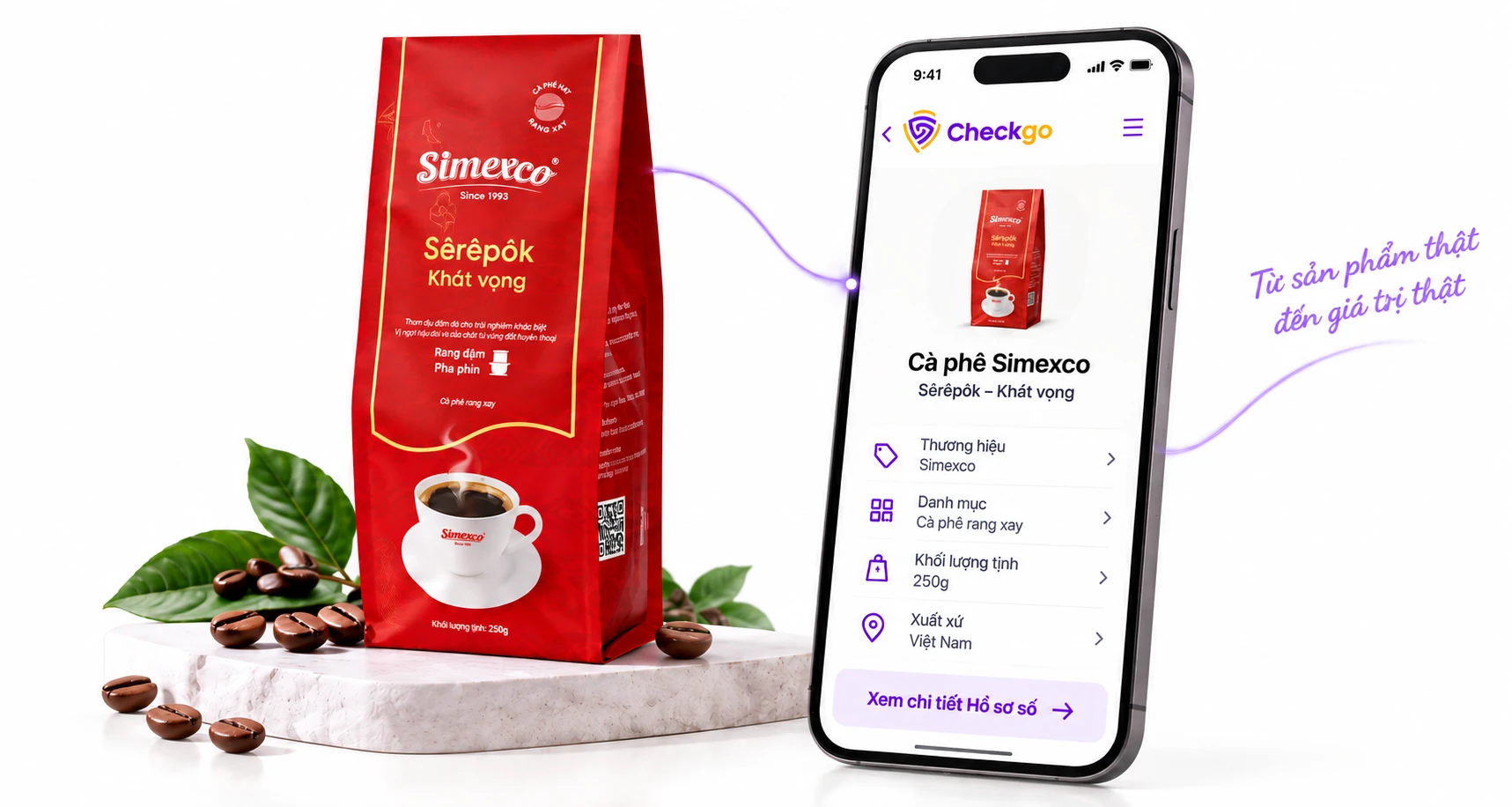 Sản phẩm cà phê Simexco Sêrêpôk Khát vọng và Hồ sơ số sản phẩm trên điện thoại Checkgo
