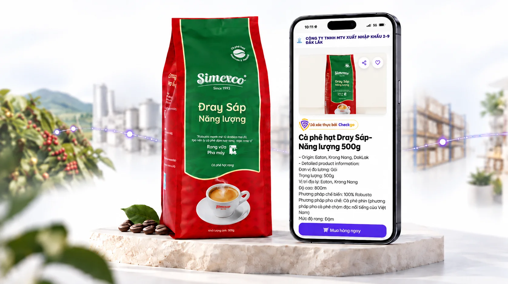 Gói cà phê Simexco Đray Sáp và hồ sơ số sản phẩm trên điện thoại, đã xác thực bởi Checkgo