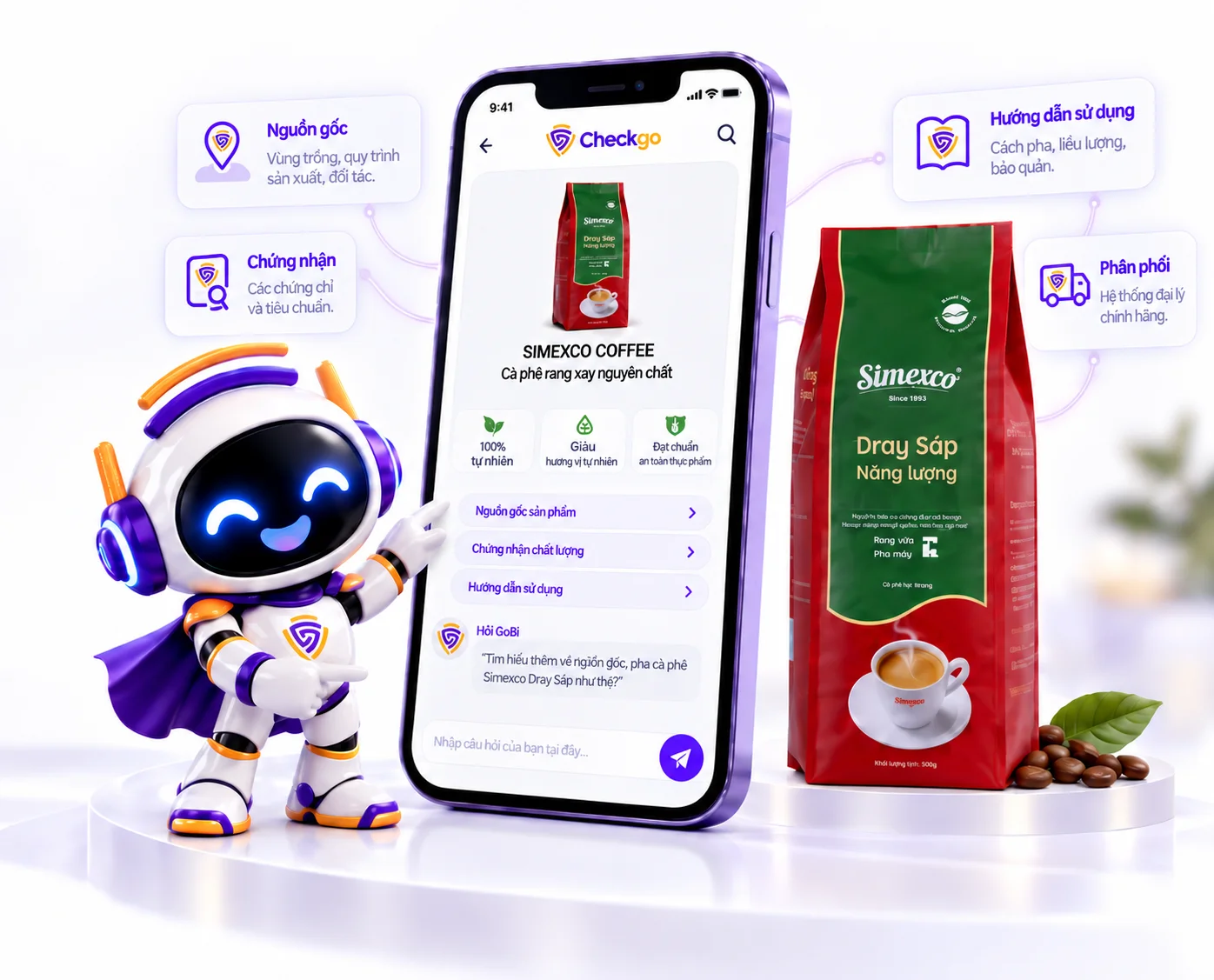 GoBi AI cùng điện thoại hiển thị Hồ sơ số sản phẩm cà phê Simexco Đray Sáp, các thông tin nguồn gốc, chứng nhận, hướng dẫn sử dụng và phân phối