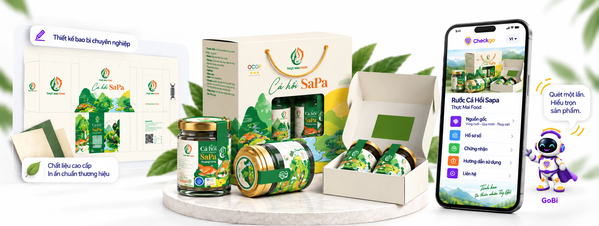 Bao bì, tem nhãn thiết kế chuyên nghiệp cho sản phẩm Rước cá hồi SaPa của Thực Mai Food, điện thoại hiển thị Hồ sơ số và trợ lý GoBi