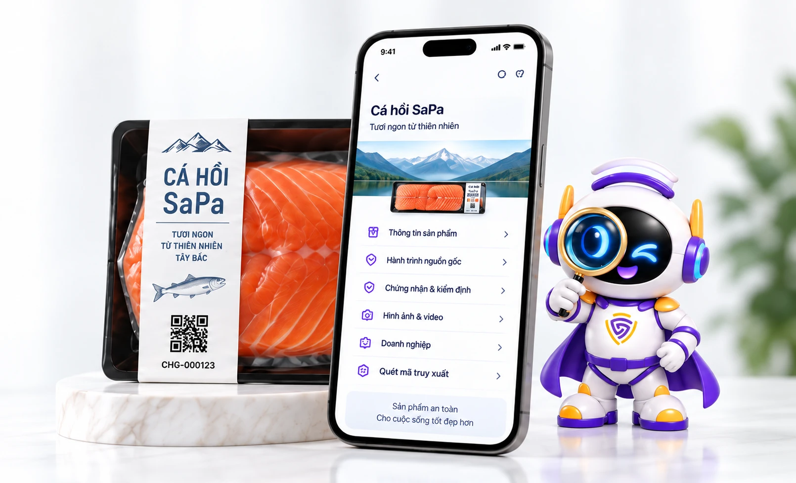 Sản phẩm cá hồi SaPa, Hồ sơ số sản phẩm trên điện thoại và trợ lý GoBi của Checkgo