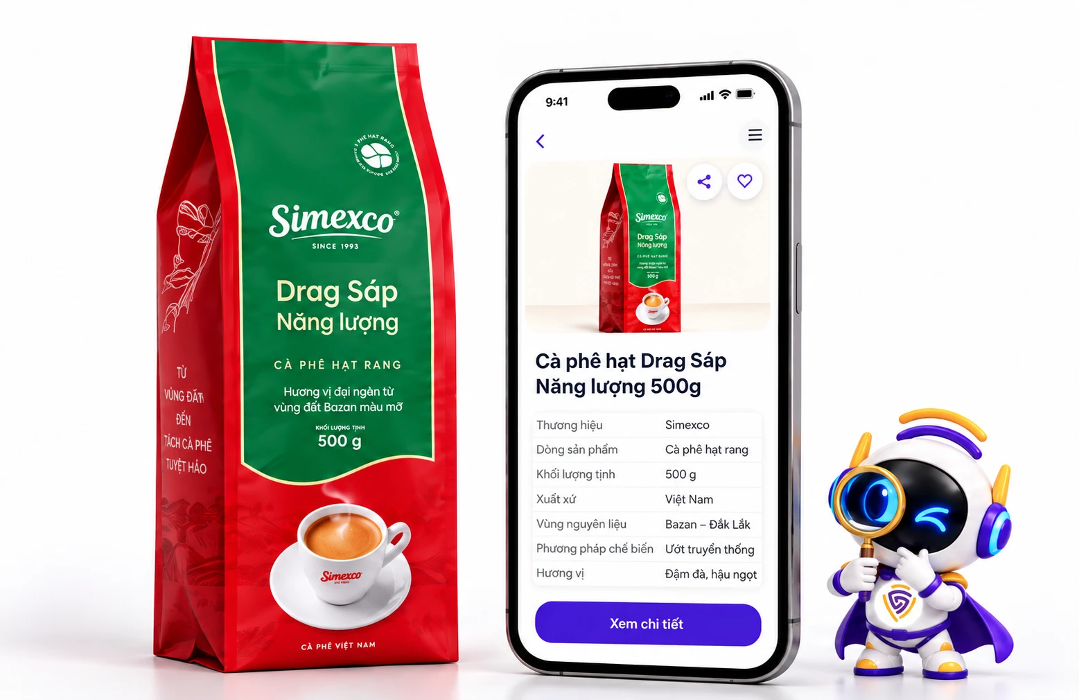 Sản phẩm cà phê Simexco Drag Sáp Năng lượng, Hồ sơ số sản phẩm trên điện thoại và trợ lý GoBi của Checkgo